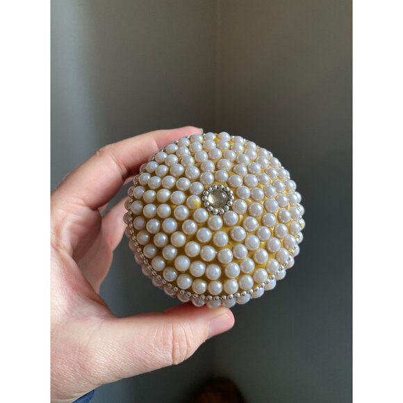 Vintage Pearl-Embellished Round Jewelry Trinket Box With Rhinestone Accent & Vel - Picture 1 of 7